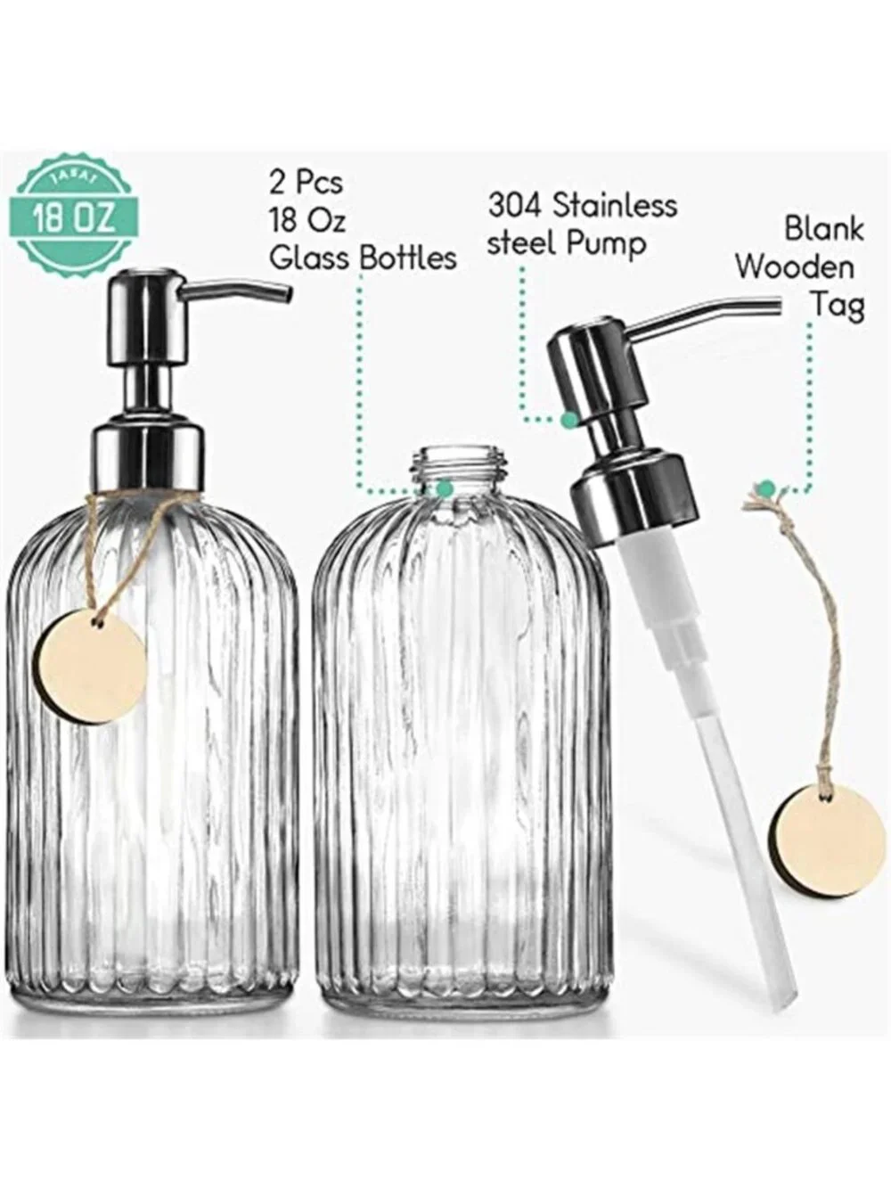 2PACK 18 Oz Glass Soap Dispenser with Rust Proof Stainless Steel Pump